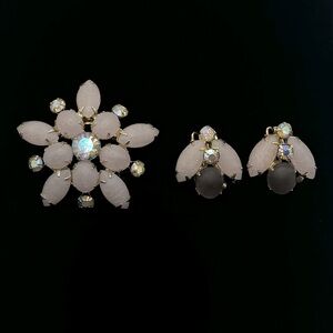 CORO Vintage Frosted Glass & Crystal Brooch & Clip-On Earring Set